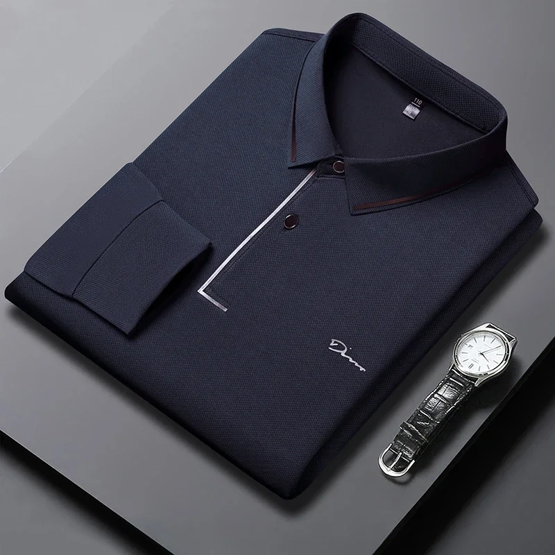 New Men's Business Casual Long Sleeved Shirt with Badge Solid Color Polo Shirt Fashionable Breathable Comfortable Versatile Top image 4