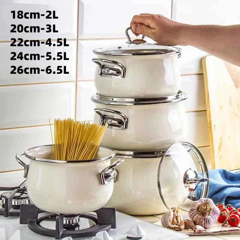 

Enamelled Stockpot with Glass Lid Uncoated Ceramic Soup Pot Double Ear Saucepan Casserole Gas Induction Universal Cooker 18-26cm