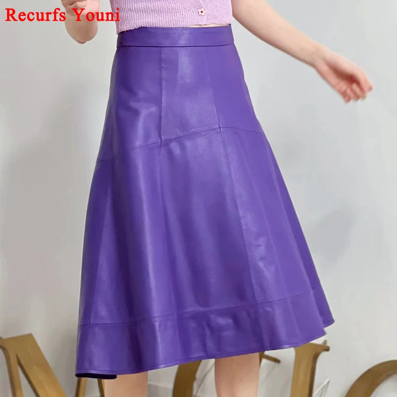 Elegant Purple Skirt For Women Genuine Leather Slim Large Swing Wave Circular Arc  Long Faldas Black Saias Femininas Streetwear