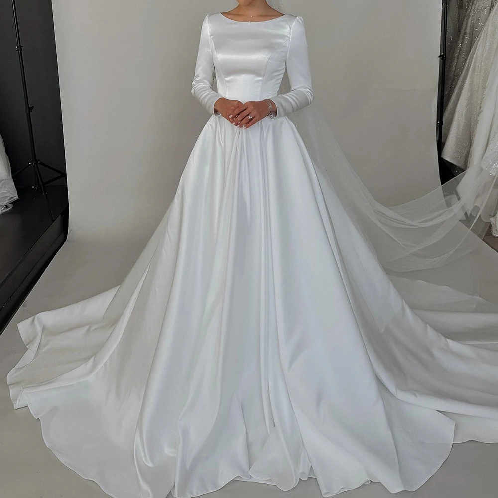 

Formal Crew neck Sweep Train A-Line Wedding Dress Long Sleeves Satin Pleats Floor Length Custom Made Vestido De Novia 2024 Women