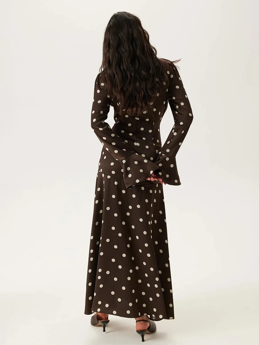 Vestido Retro Marrom com Poás em Cetim para Mulheres, Sexy, Decote em V, Manga Larga, Vestido Maxi Estilo Francês, Ajuste Slim, Cauda de Peixe