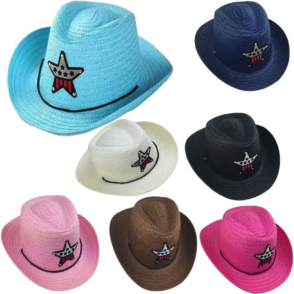 Kids Western Cowboy Hat Retro Sheriff Cap Sunscreen With Wind Rope Hat Boys Girls Horseback Riding Tourism Fishing Sunshade Cap