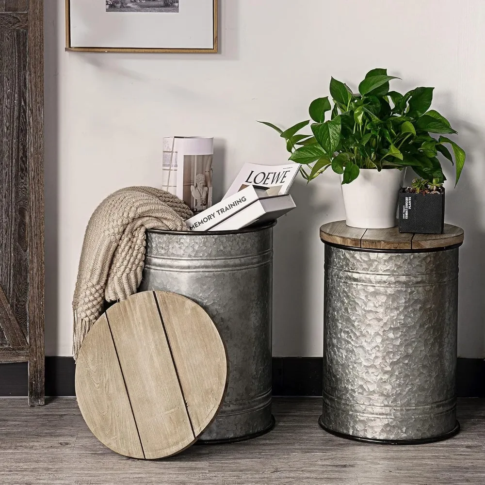 

Rustic End Table with Storage Bins Farmhouse Furniture Galvanized Metal Stool Ottoman Seat with Round Wood Lid Set of 2