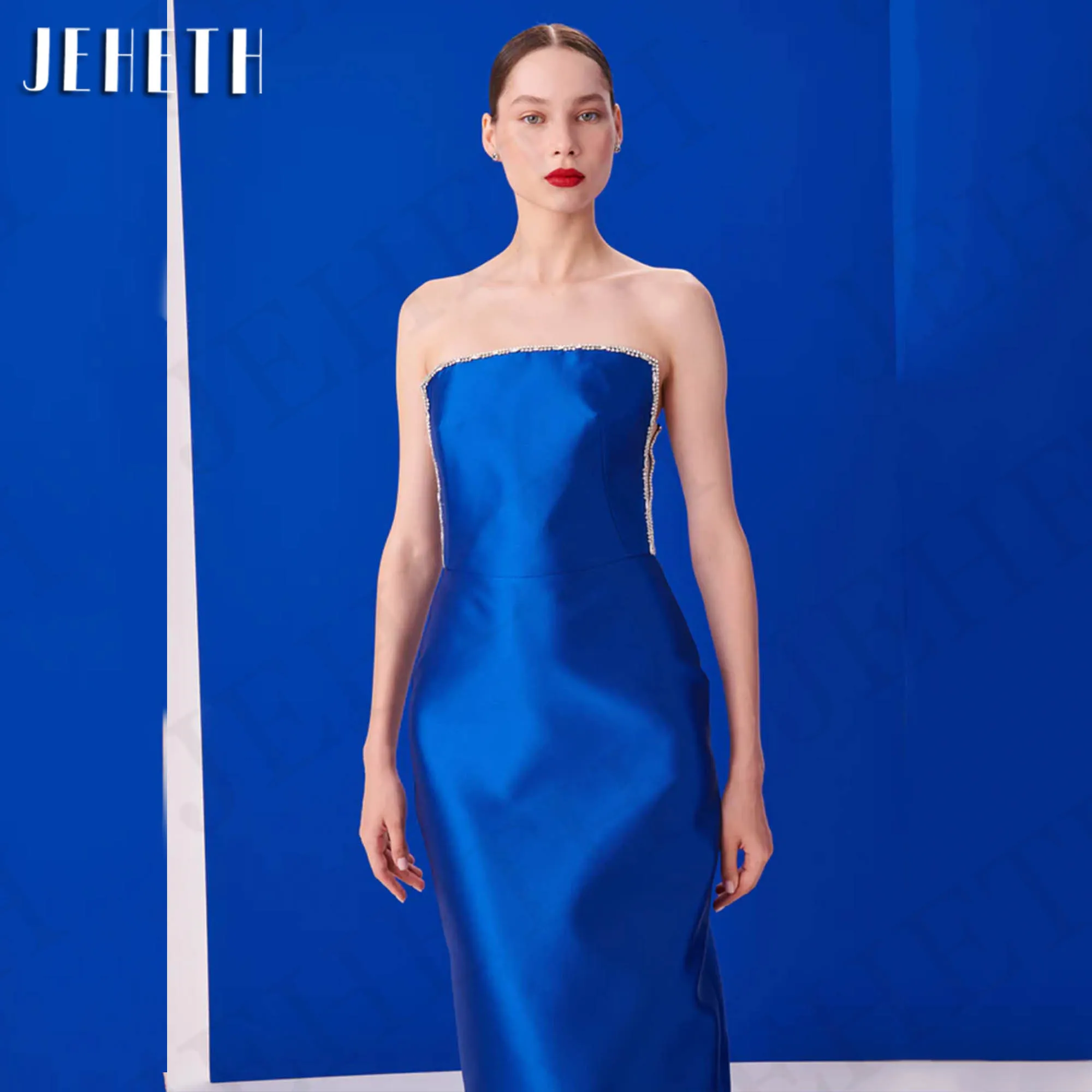 JEHETH Simple Satin Evening Dress For Women 2024 Elegant Mermaid Beadings Sleeveless Party Dresses Formal Royal Blue فساتين سهرة