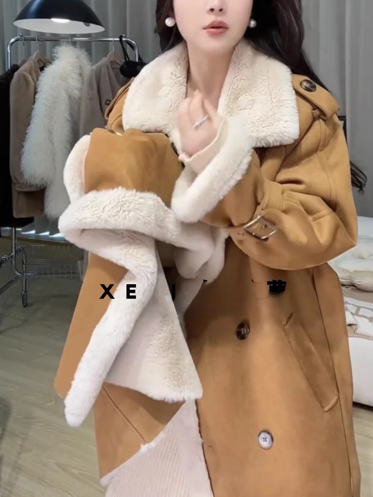Lamb Fur Jaet Women's Mid-Length Coat Fall Winter Deer Skin Velvet Lamb Velvet Faux Fur Street Sle Long Coat Premium Feel