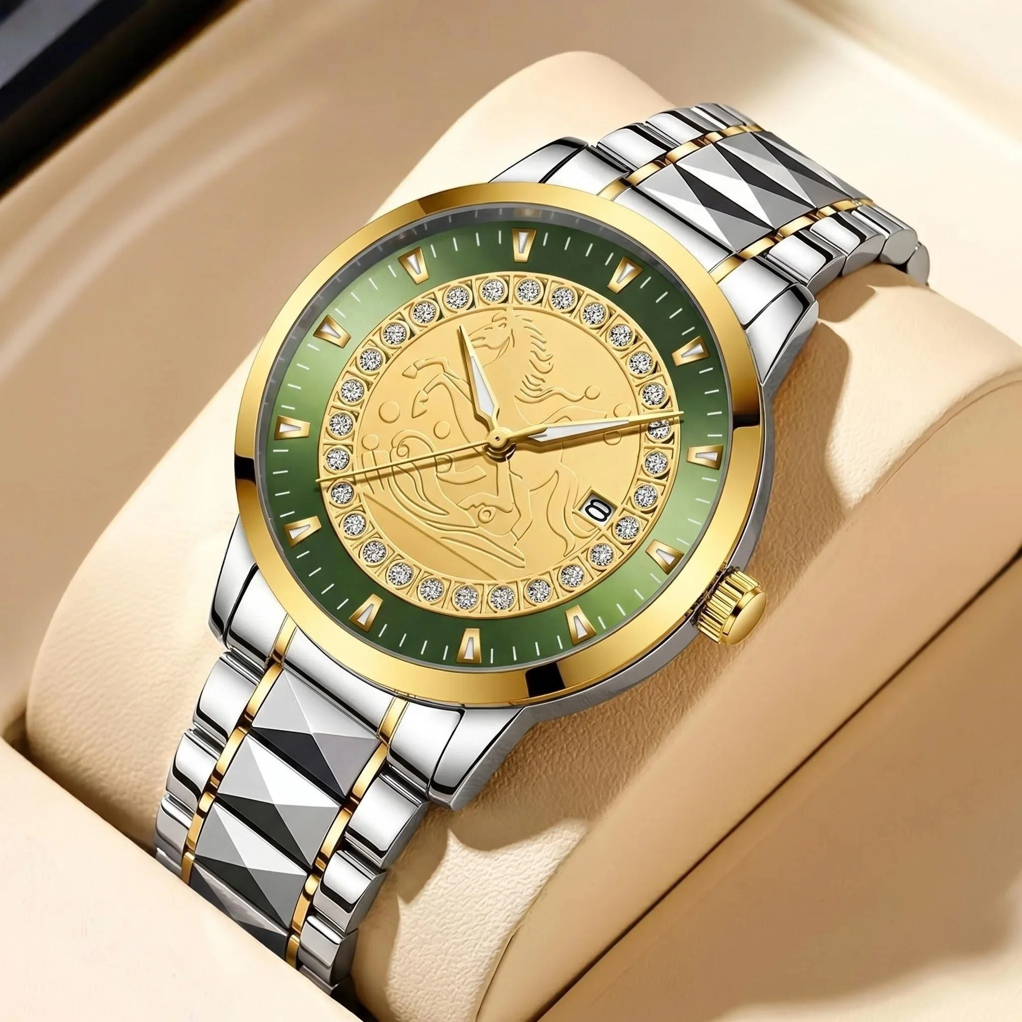 A Men’s Casual Quartz Watch Featuring a Horse Motif on the Dial and Green Accents—the Perfect Choice for a Gift.