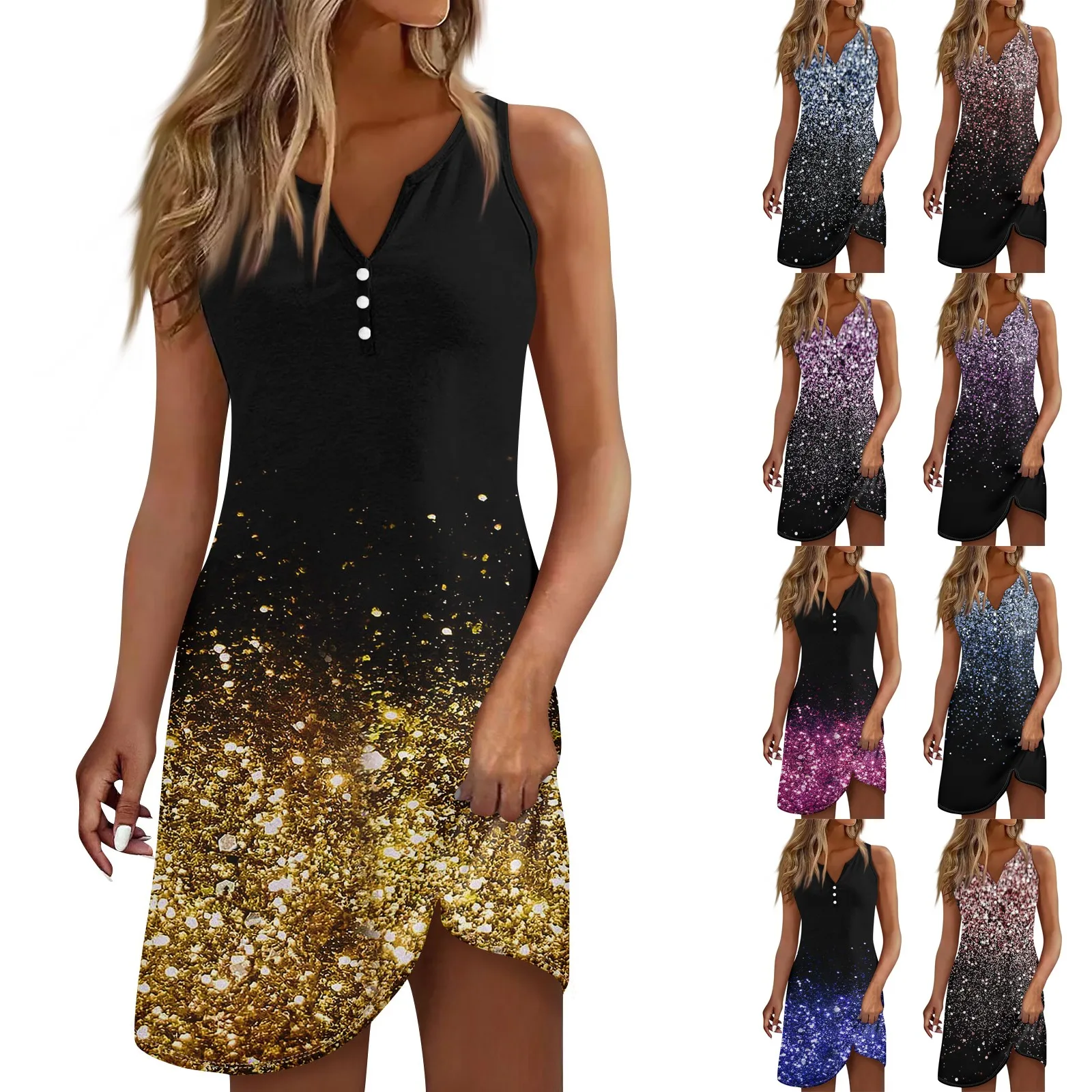 女性用Vネックノースリーブドレス,スプライススター,プリント,プレーン,アクティブファッション,アウトドア,カジュアル