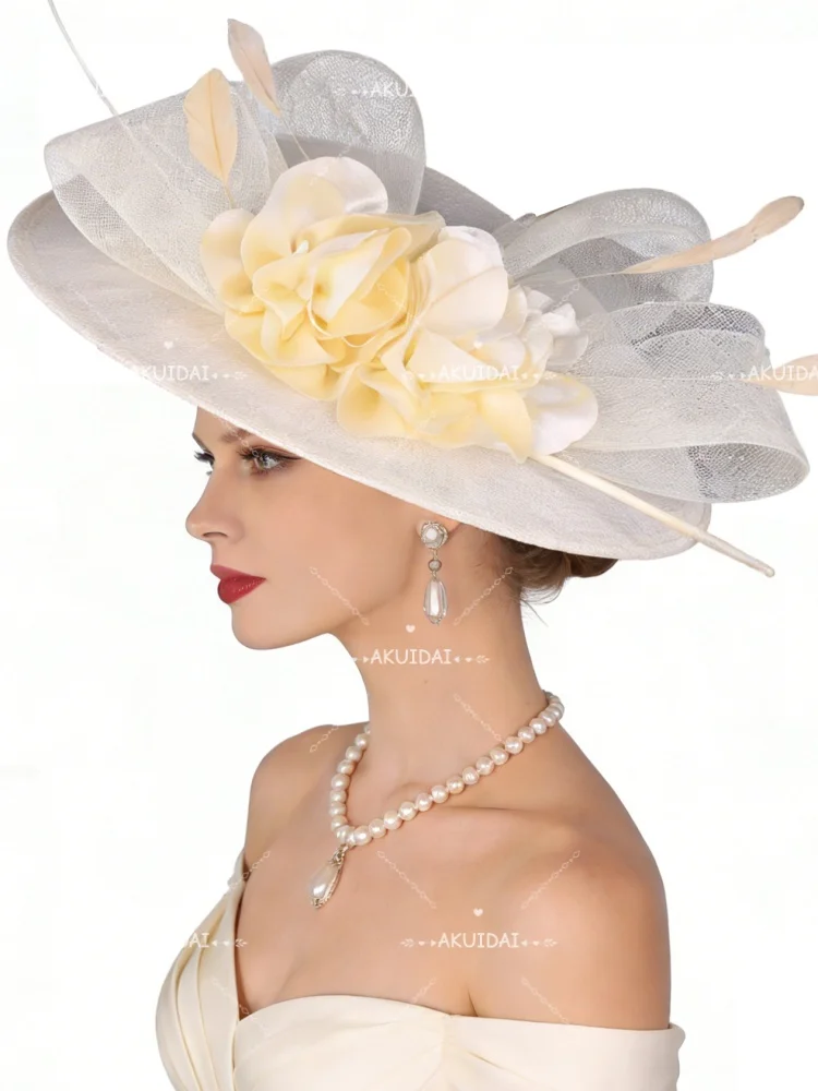 Women Elegant Royal Ascot Big Fascinator Hat Wedding Flower Ladies Headpiece Cocktail Party Dinner Millinery Cap For Kentucky