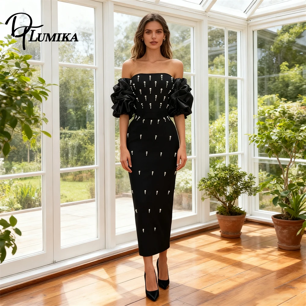 DTLumika Pearls Sheath Formal Dress for Women, Off Shoulder Tailored Evening Dresses, Wedding Guest Birthday Party Gown