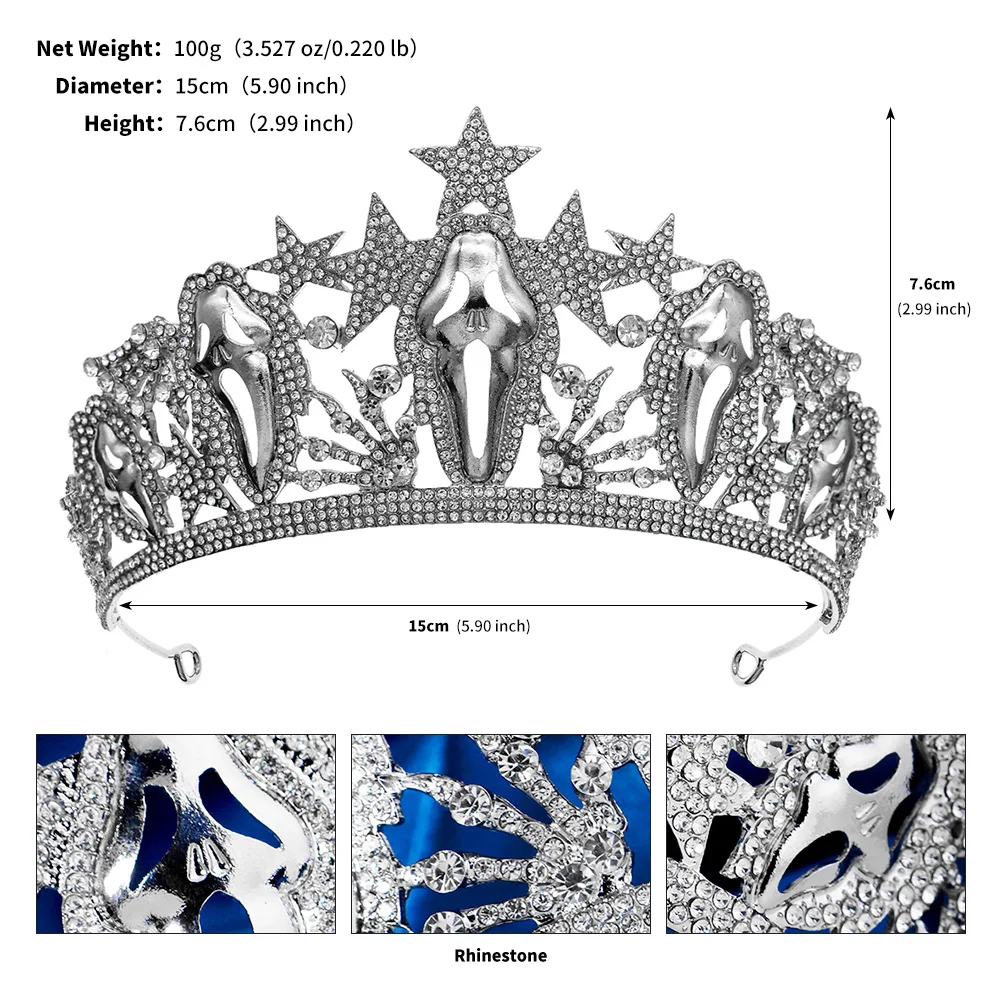 تاج كريستال من سبائك الفضة للهالوين الشيطان الصغير، إكسسوار شعر رائع على شكل تاج جمجمة للنساء مصنوع يدويًا، عصابة رأس أنيقة وعصرية