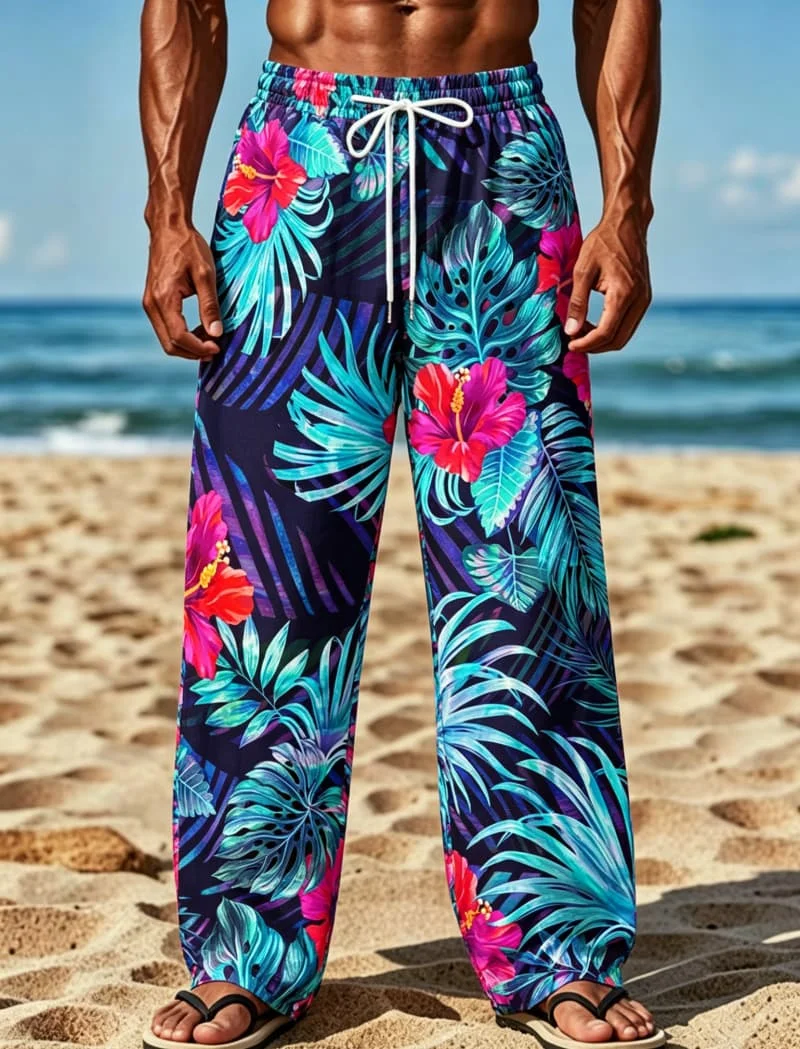 Men's Colorful Tropical Printed Beach pants, Comfortable Drawstring Waist style, For Daily wear, Beach And Resort Scenes