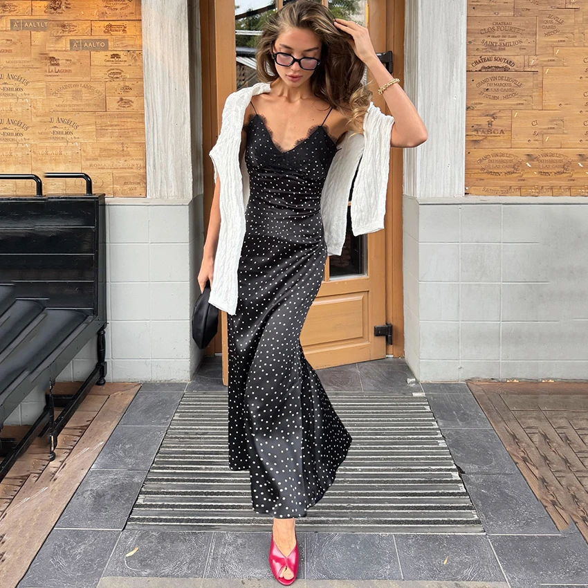 Linad elegante preto polka dot renda vestido longo feminino sexy cinta de espaguete vestidos de festa rua chique cintura alta vestido trompete 2025