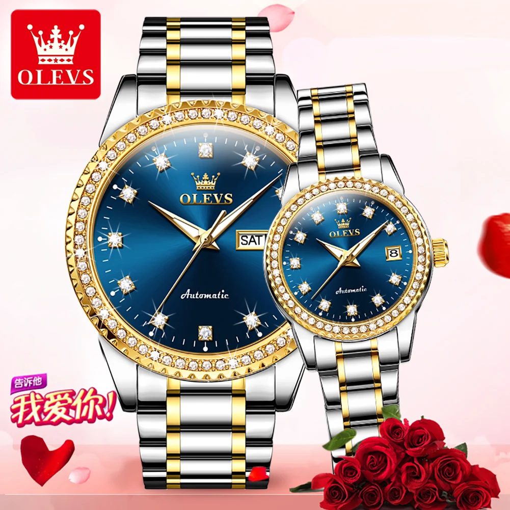 OLEVS New Fashion Mechanical Lover Watch Top Brand Luxury Stainless Steel Waterproof Week Date Automatic Couple Watch Men Women