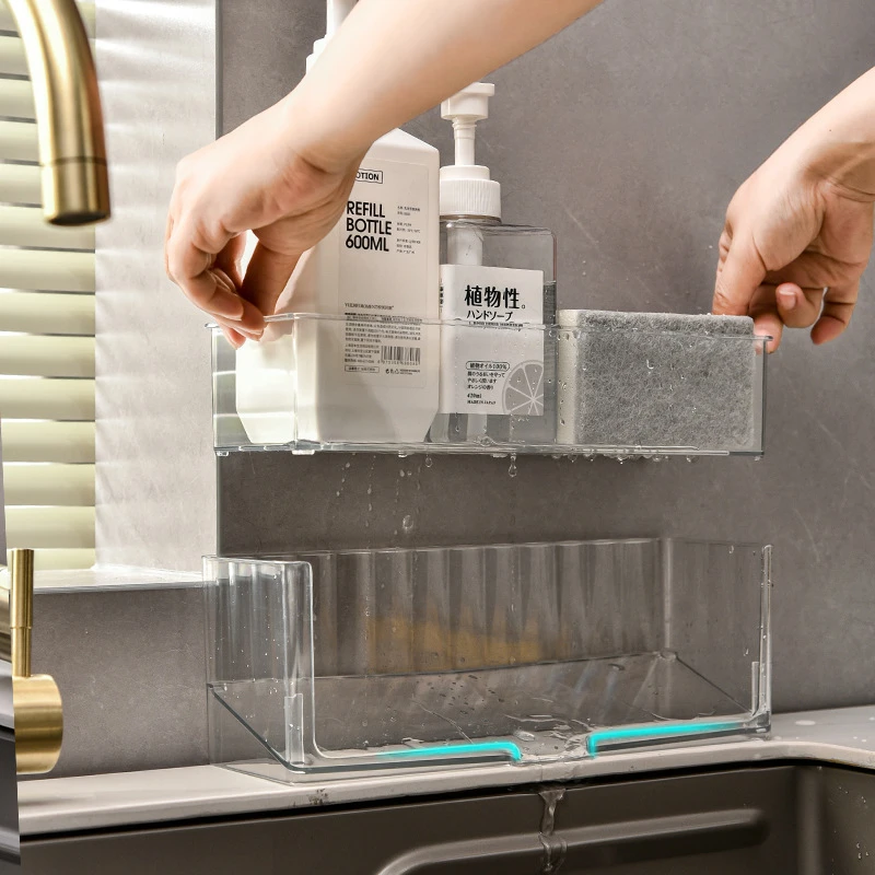 رف تخزين المطبخ، الحوض، رف قماش غسيل الأطباق، رف تخزين منظف غسيل الأطباق على سطح الطاولة، رف تصريف إسفنجي للصنبور