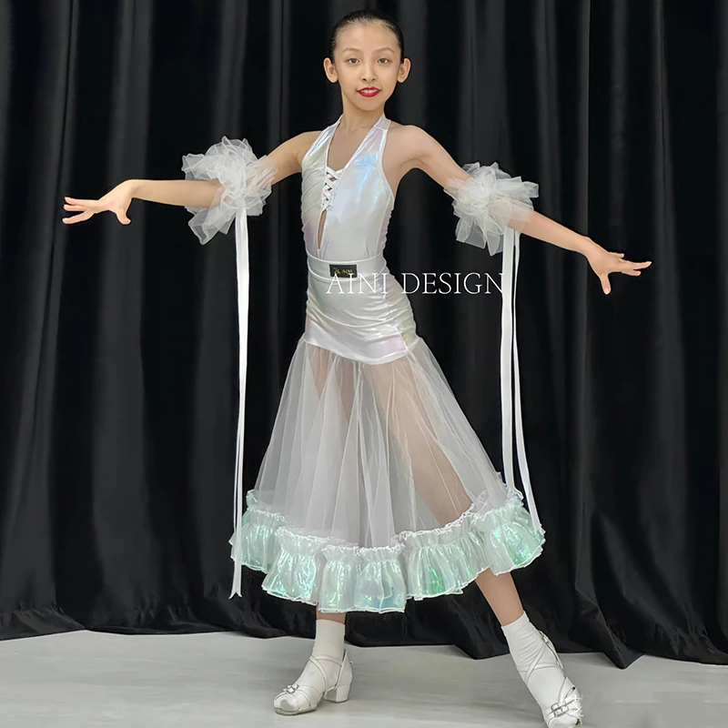 

New White Laser Ballroom Dance Competition Clothing Girls Ruffles Mesh Dress Waltz Dance Costume Latin Performance Wear DNV20902