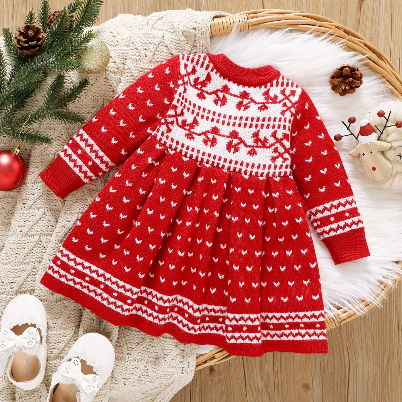 PatPat Christmas Baby Girl Allover Pattern Red Long-sleeve Button Knitted Sweater Dress