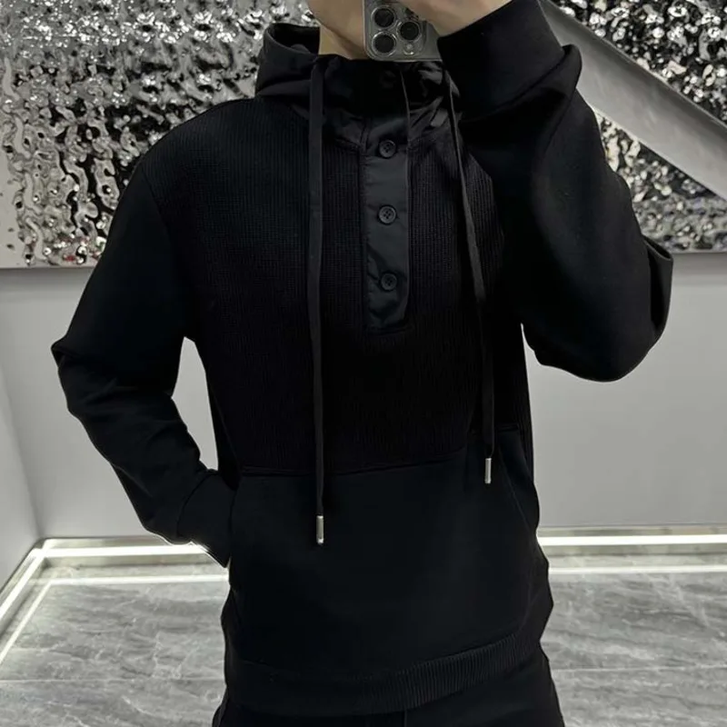 2023 Autumn Winter New European Men's Black Hooded Sweater Fashion Men's Slim Casual Men Long Sleeve Drawstring Pullover Top