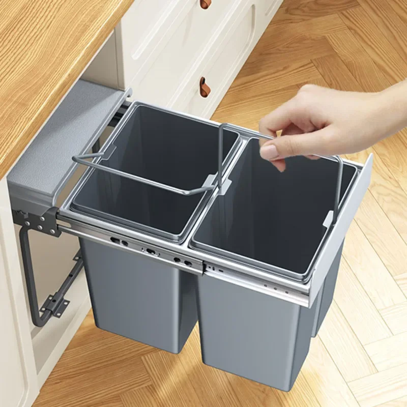 Kitchen Embedded Trash Bin with Cover Cabinet Classification Garbage Bin Pull Basket Hidden Cleaning Bucket