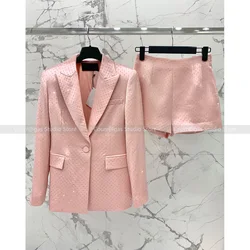 Early autumn new high-level sense of fashion pink lapel hot drill blazer + shorts two-piece suit female