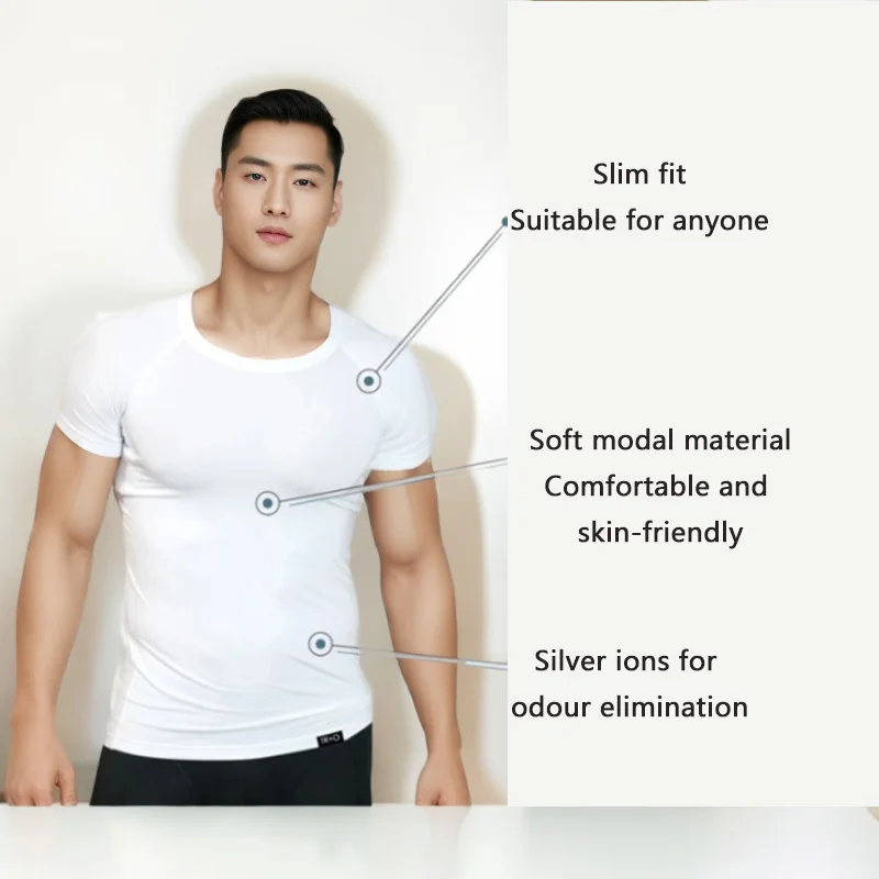 Crew Neck Undershirts with Sweatproof Patent Solid Men Anti Perspiration T Shirt with Pads Modal Tops