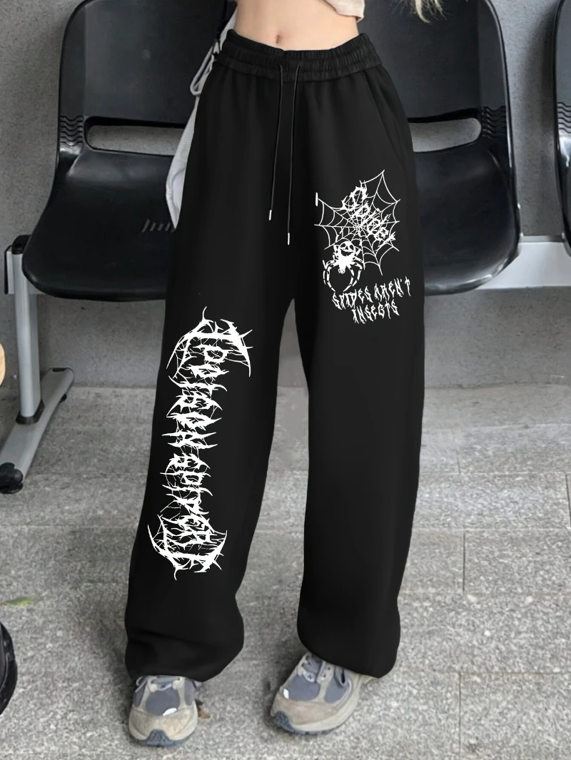 

Trendy Black & White Print Polyester Wide-Leg Pants for Women - Loose Fit Casual Streetwear with Adjustable Drawstring Waist