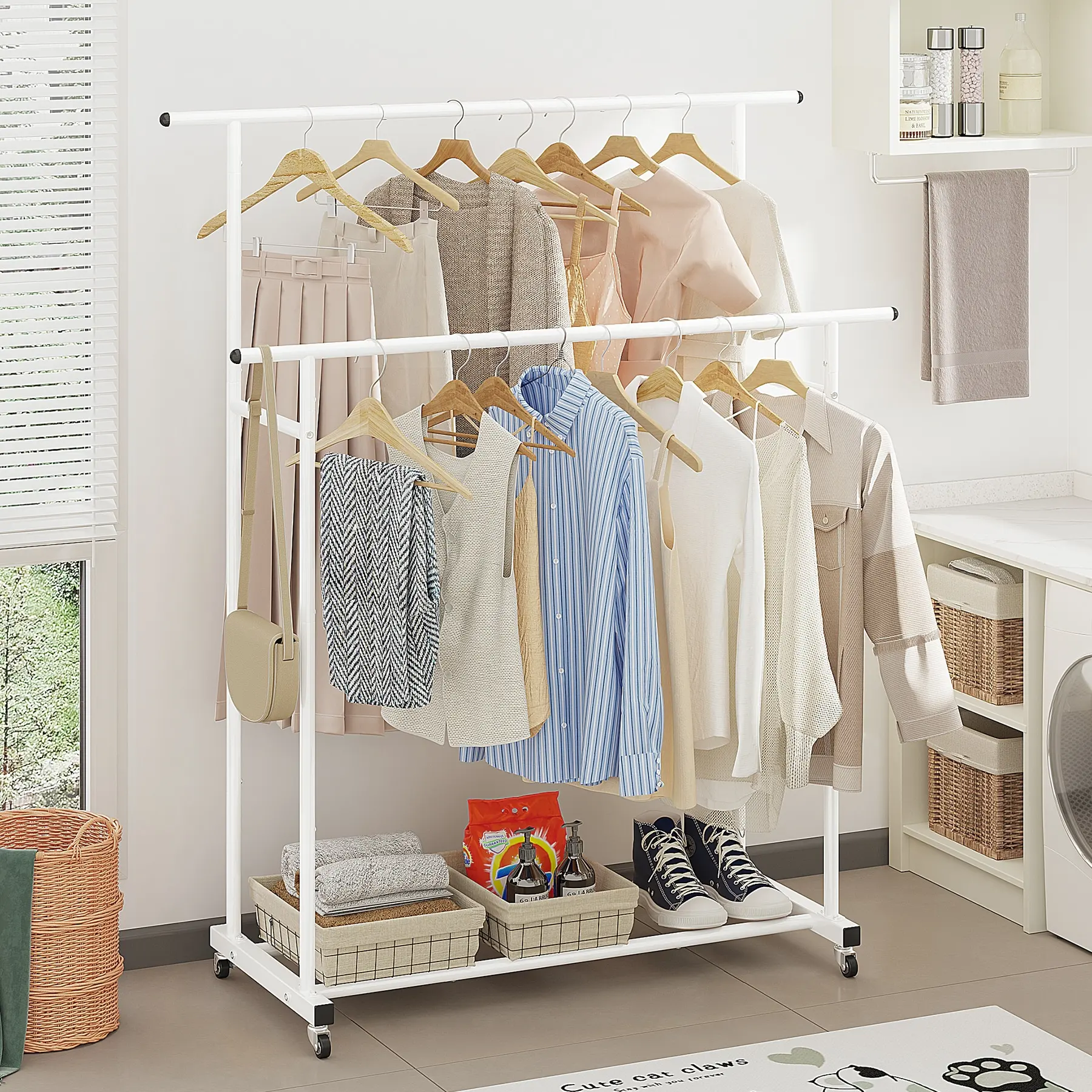 

Double Rod Clothing Garment Rack,Rolling Hanging Clothes Rack,Portable Clothes Organizer for Bedroom,Living Room,Clothing Store
