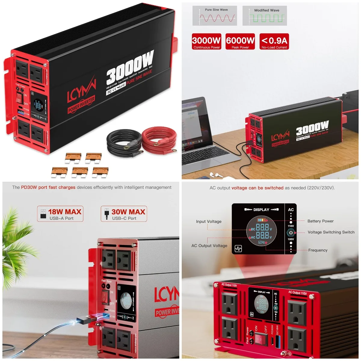 

3000W Pure Sine Wave Inverter 12V to 110V/120V AC, 6000W Peak, 4 AC Outlets, Type-C PD30W QC3.0 USB, Remote Control, LCD Display