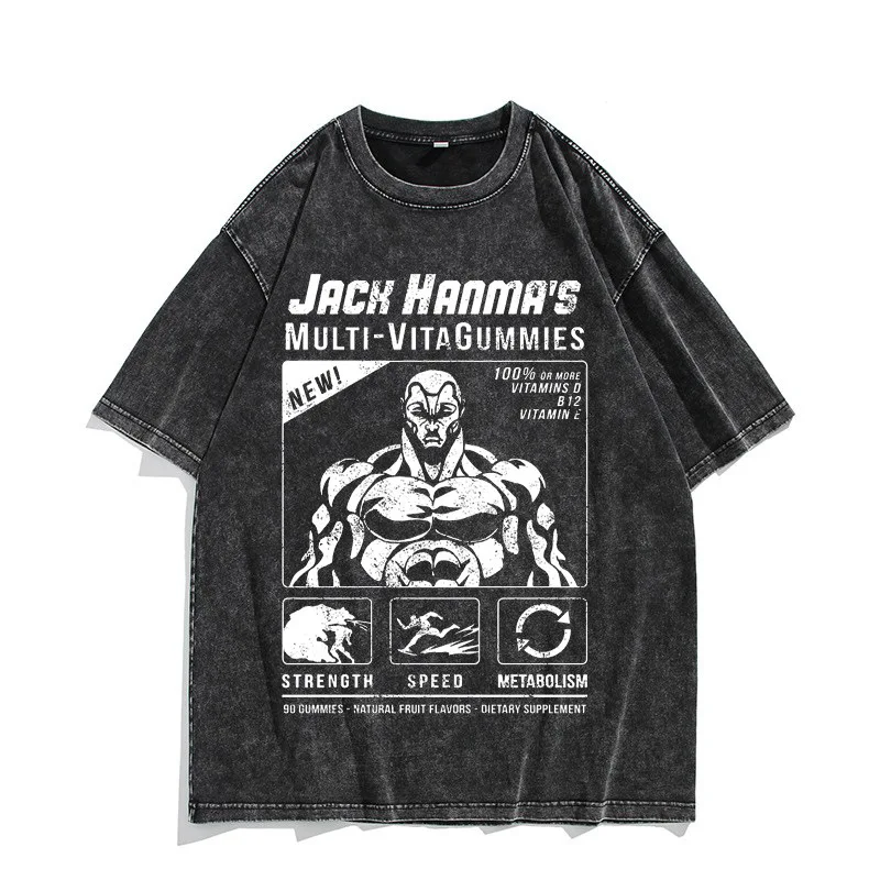 

European and American Washed Old Retro Short-sleeved T-shirt Anime Jack Fanma Jack Hanma American High Street Top