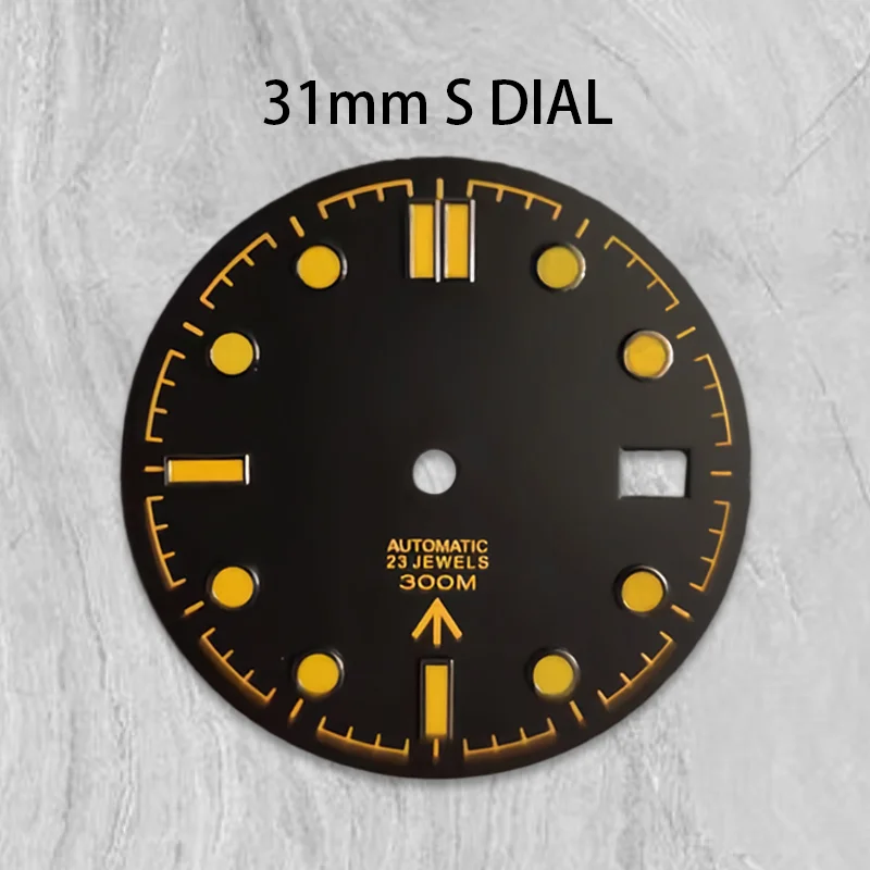 NH35 Dial 31mm S Dial, Yellow-Green Lume, Suitable for NH35 Movement, Vintage Silver S5 Sport Watch Dial Accessory