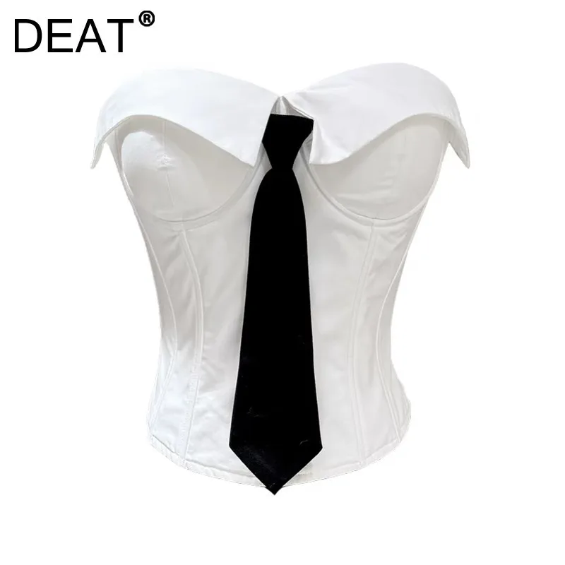 DEAT Women's Camisole Slim Strapless Fish Bone Waist Flip Up Tie Design Sexy Short Tank Tops 2025 Spring New Fashion 11A02149