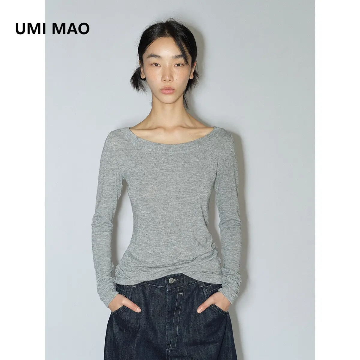 

UMI MAO Хлопковая футболка Весенняя новинка с вырезом лодочкой Slim Fit с длинным рукавом Трикотажная базовая повседневная базовая рубашка Топ для женщин