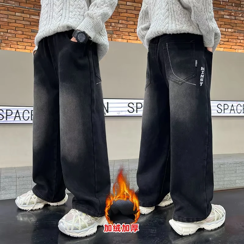 Winter Boys Retro Insulated Wide Leg Jeans Pants Childre Casual Thickened Warm Fleece-Lined Straight Denim Trousers For Kids