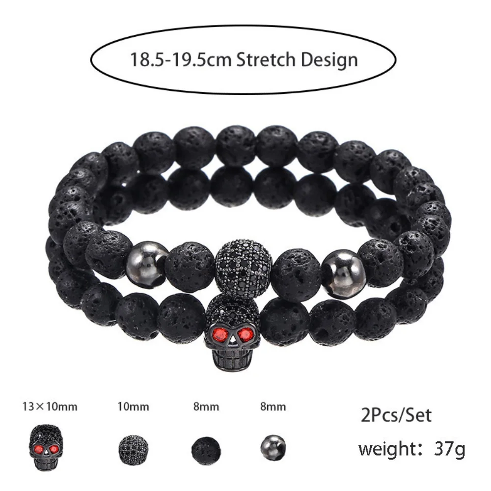 2Pcs Charm Beads Bracelets for Men with Natural Volcanic Stone King Crown Skull Handmade Jewelry Couple Bracelet Gifts