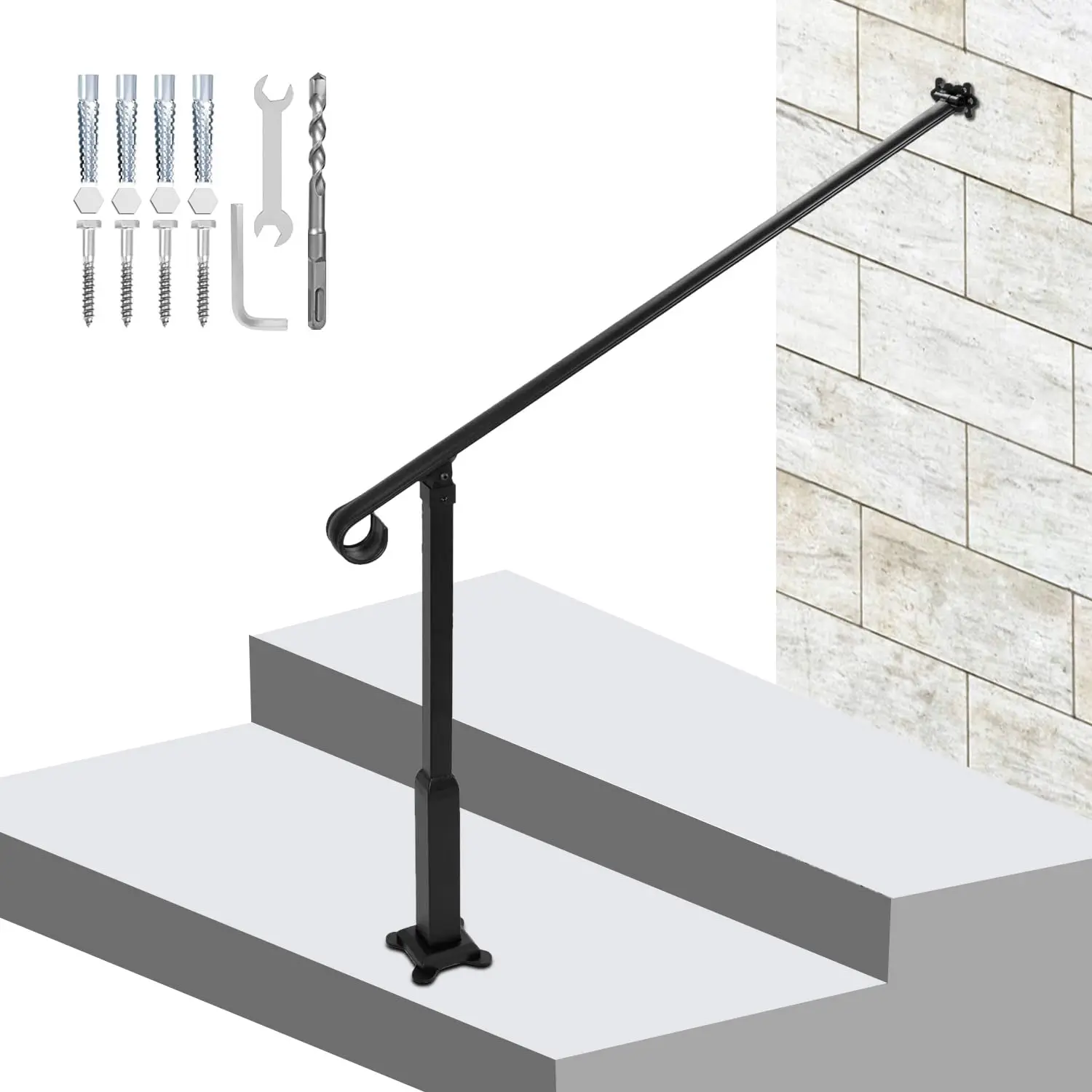 Outdoor Stairs Handrail Step Handrail Railing Fit 2-4 Steps Step Handrail Wall-to-Floor Mounted Wrought Iron Handrail