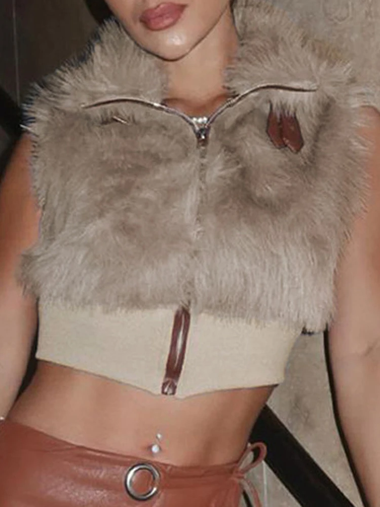 Sexy Sleeveless Faux Fur Patchwork Knitted Vests for Women 2025 Autumn Winter Fashion Buckle Belts Zip-Up Furry Cropped Jackets