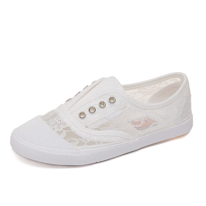 Women's Lace Hollow-Out Canvas Flats Breathable White Ballet-Inspired Sneakers Comfortable All-Match Footwear Lightweight Shoes view 6