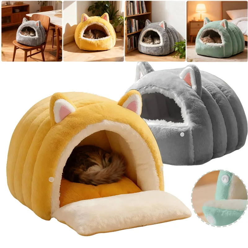 

Soft Plush Cute Pet House Winter Thicken Warmth Cat Sleeping Bed with Washable Cushion Seasonal Pet Supplies Maison Pour Chat