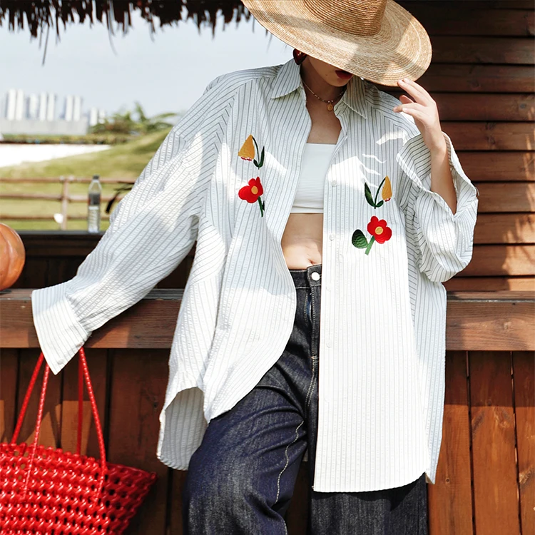 

154cm Bust Spring Fall Oversized Long Shirts Women French Lazy Style Elegant Loose Embroidery Striped Long Sleeve Shirts Outfit