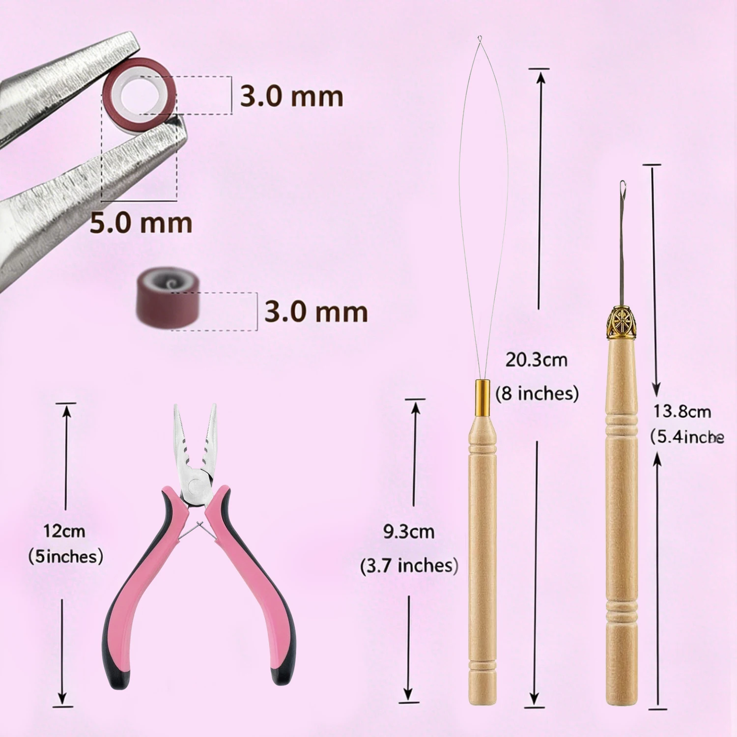 Hair Extension Tool Kit: 200Pcs Silicone Lined Micro Links Beads,Three Hole Hair Pliers,Loop Needle Threader,Pulling Hook Needle