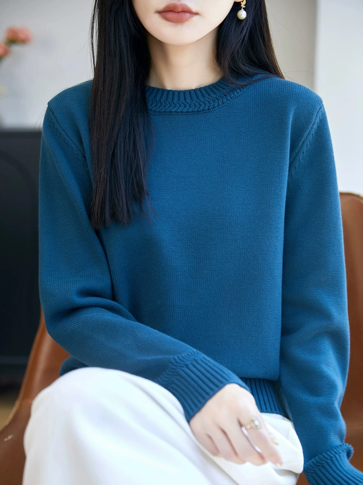 100% Pure Cotton round Neck Knitted Sweater Women Loose Thickened Hoodie Slimming Heavy Base Layer Autumn Winter New Style