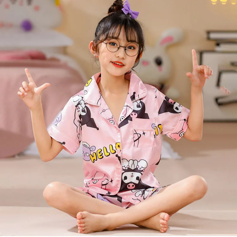 Sanrioed Kuromi Pajamas Short Sleeved Shorts Cinnamoroll Boys Girls Ice Silk Pajamas Cartoon Home Clothing Kids Summer Nightwear