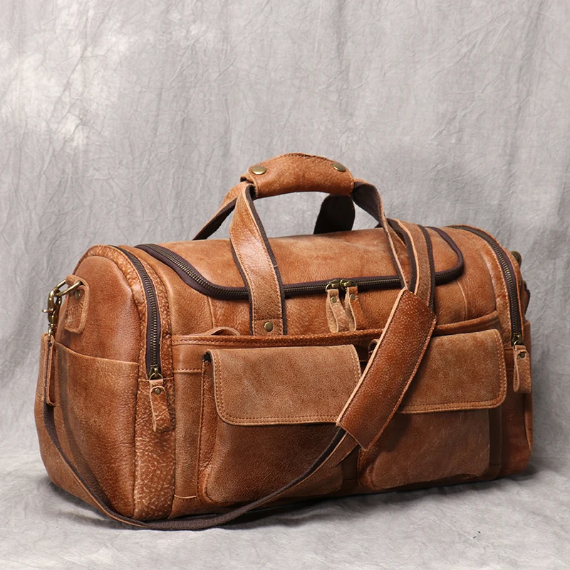 Men\'s Cowhide Vintage Travel Bag First Layer Leather Handbag Duffle Bag Laptop Messenger Crossbody Bag