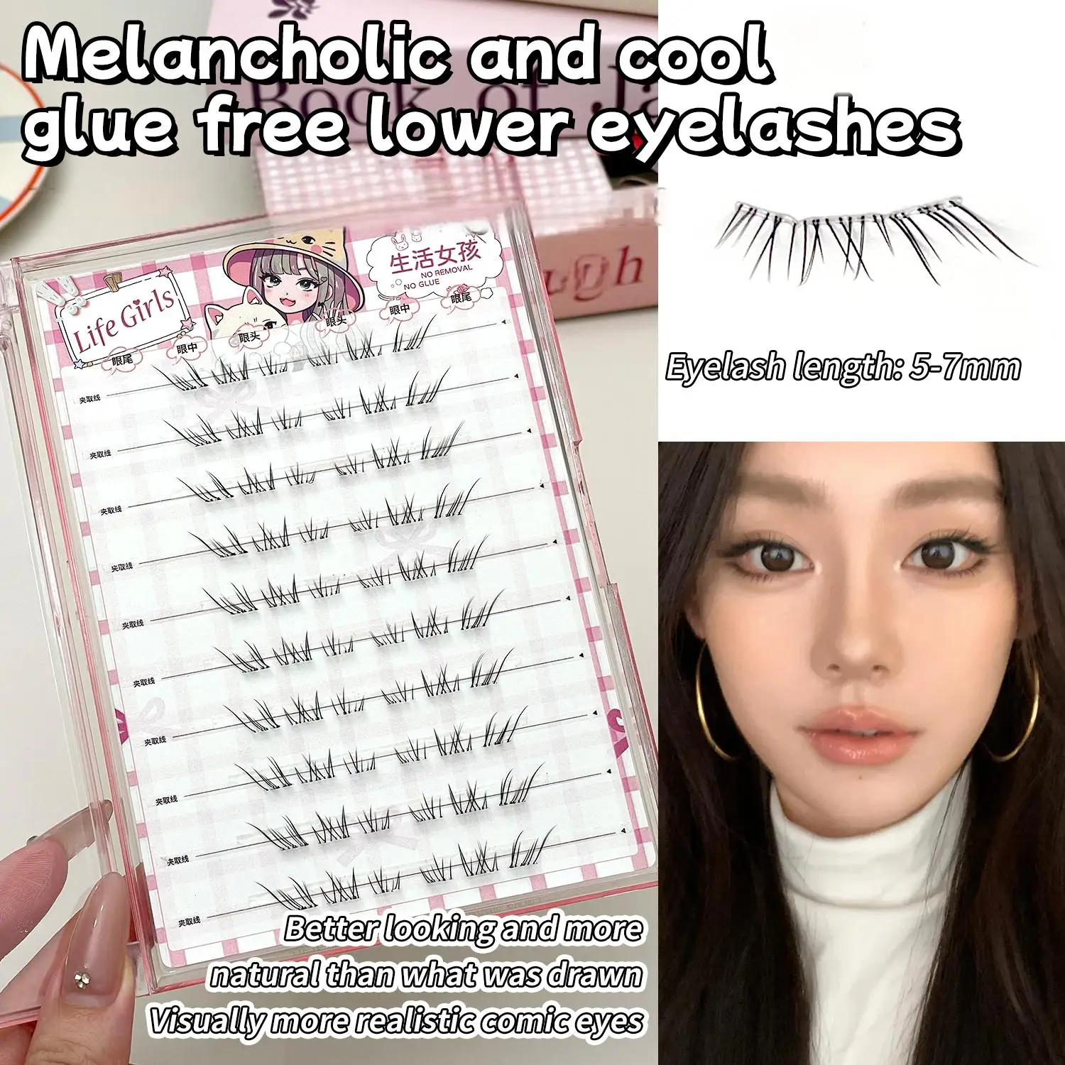 Life Girls – cils inférieurs légers sans colle, boucles naturelles, auto-adhésifs, avec tiges fines transparentes, pour une Application facile