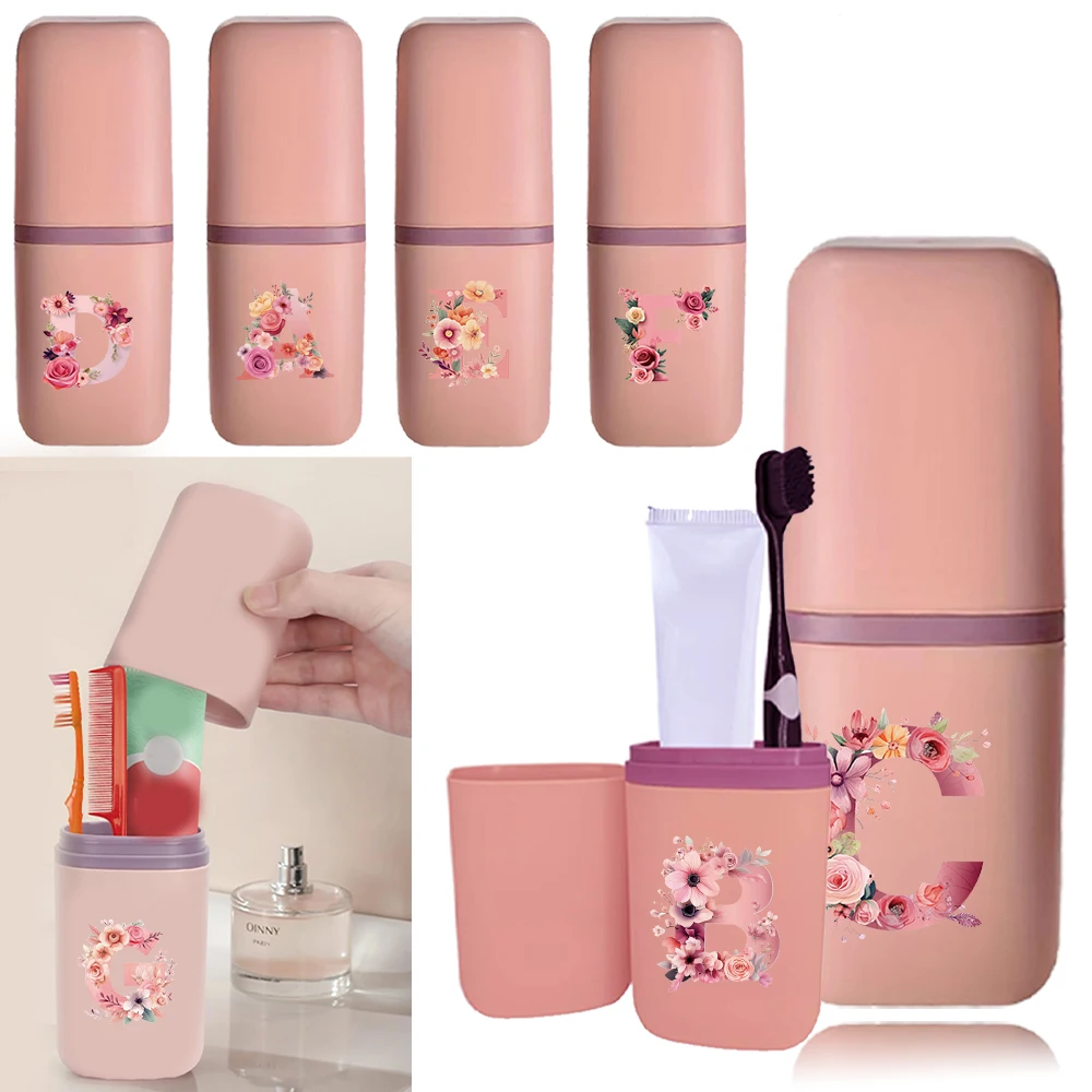 Large Capacity Toothbrush Toothpaste Storage Case Portable Mouthwash Cup Travel Wash Cup Travel Accessories Pink Rose Pattern