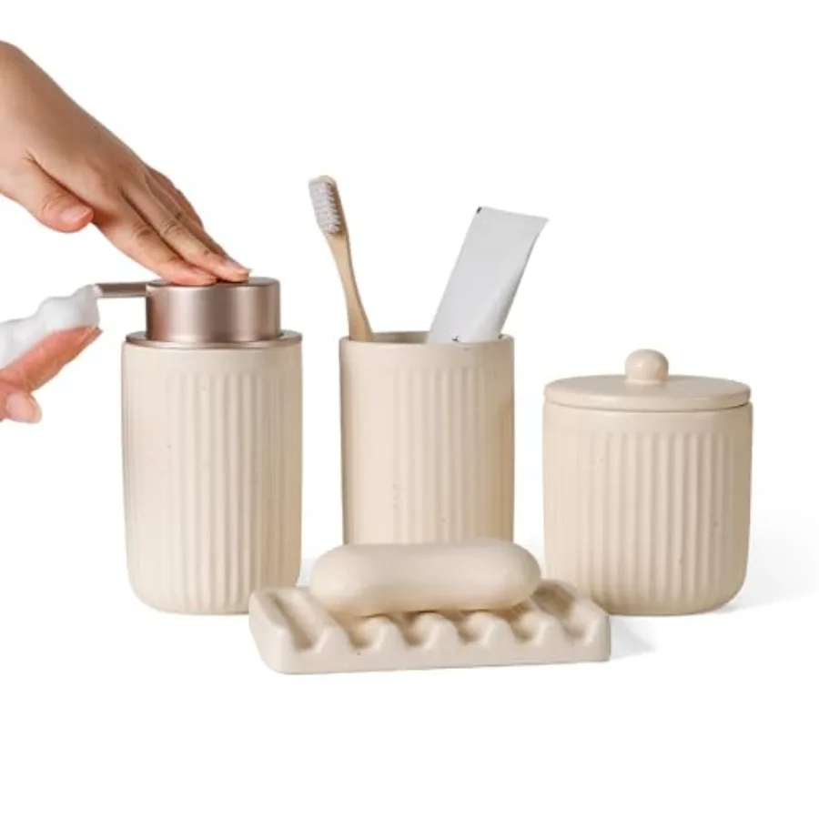 

Bathroom Accessories Set for Modern Home Decor - Ceramic Bathroom Counter Essentials Including Foam Soap Dispenser Toothbrush H