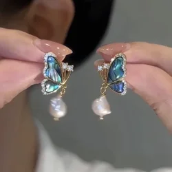 French Natural Mother of Pearl Green Butterfly Light Luxury High-end Freshwater Pearl Earrings for Women Jewelry.