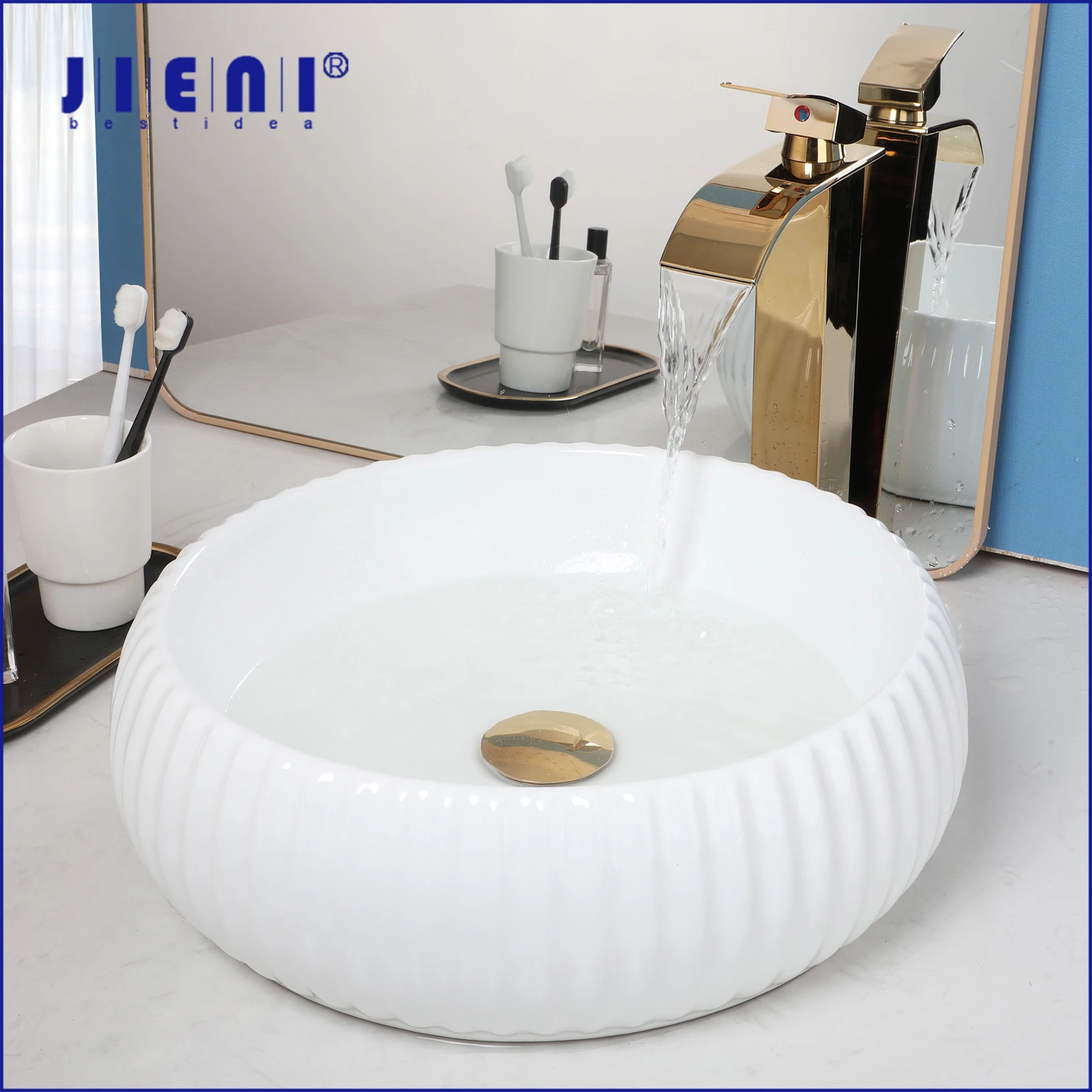 JIENI White Bathroom Ceramic Basin Circular With Golden Faucet Circular With Vertical Stripes Round Basin Set Hot Cold Mixer Tap