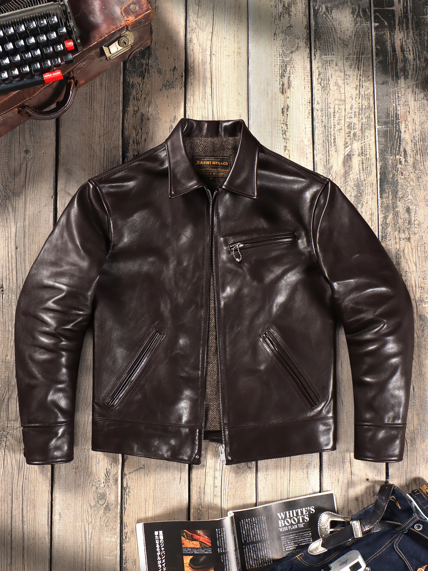

Tailor Brando Full-Grain Vegetable-Tanned Horsehide Classic 1930s American Vintage Men's Lapel Genuine Leather Jacket