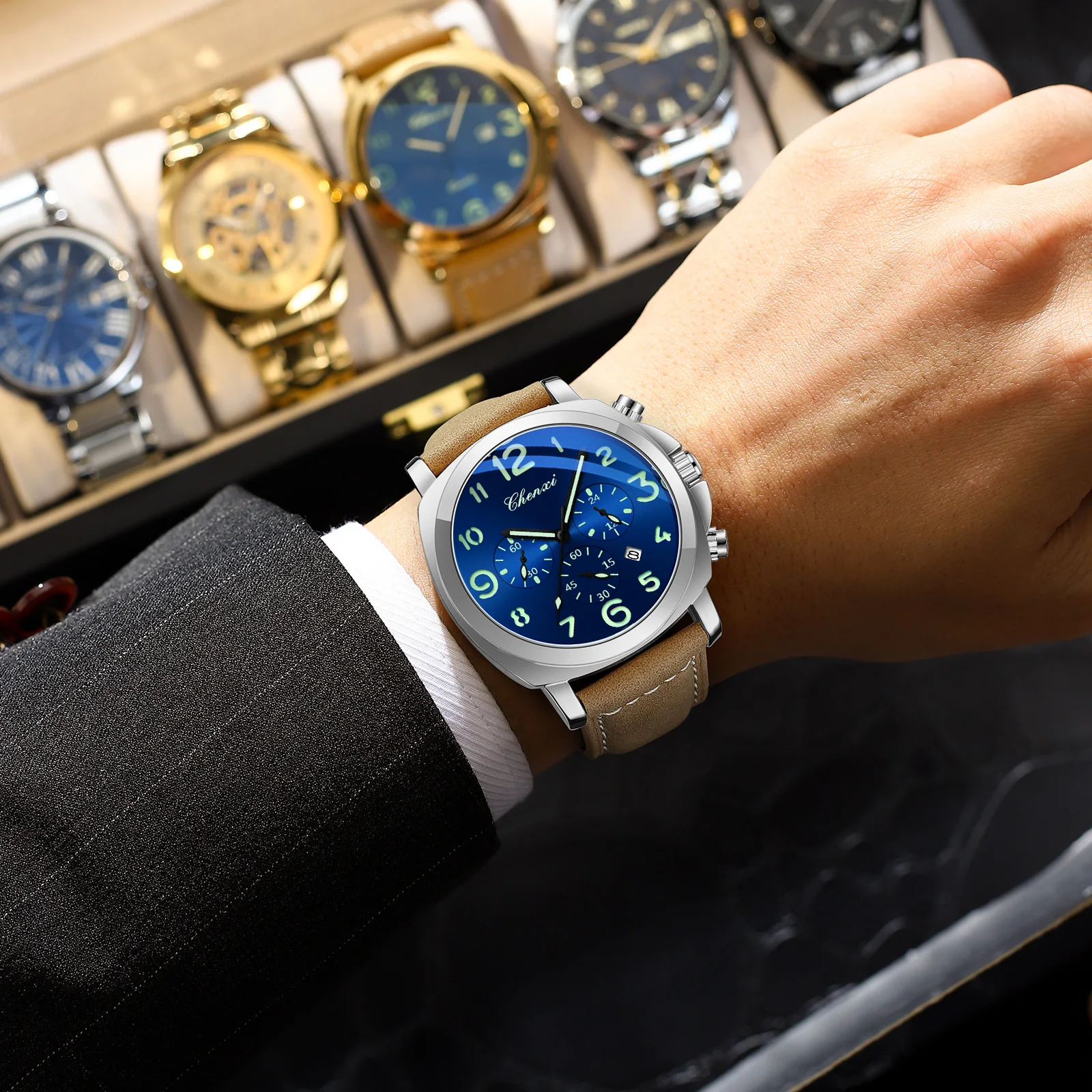 CHENXI 2025 nouvelle mode décontracté hommes de luxe en cuir montres multi-fonction Quartz étanche lumineux chronographe montre pour hommes