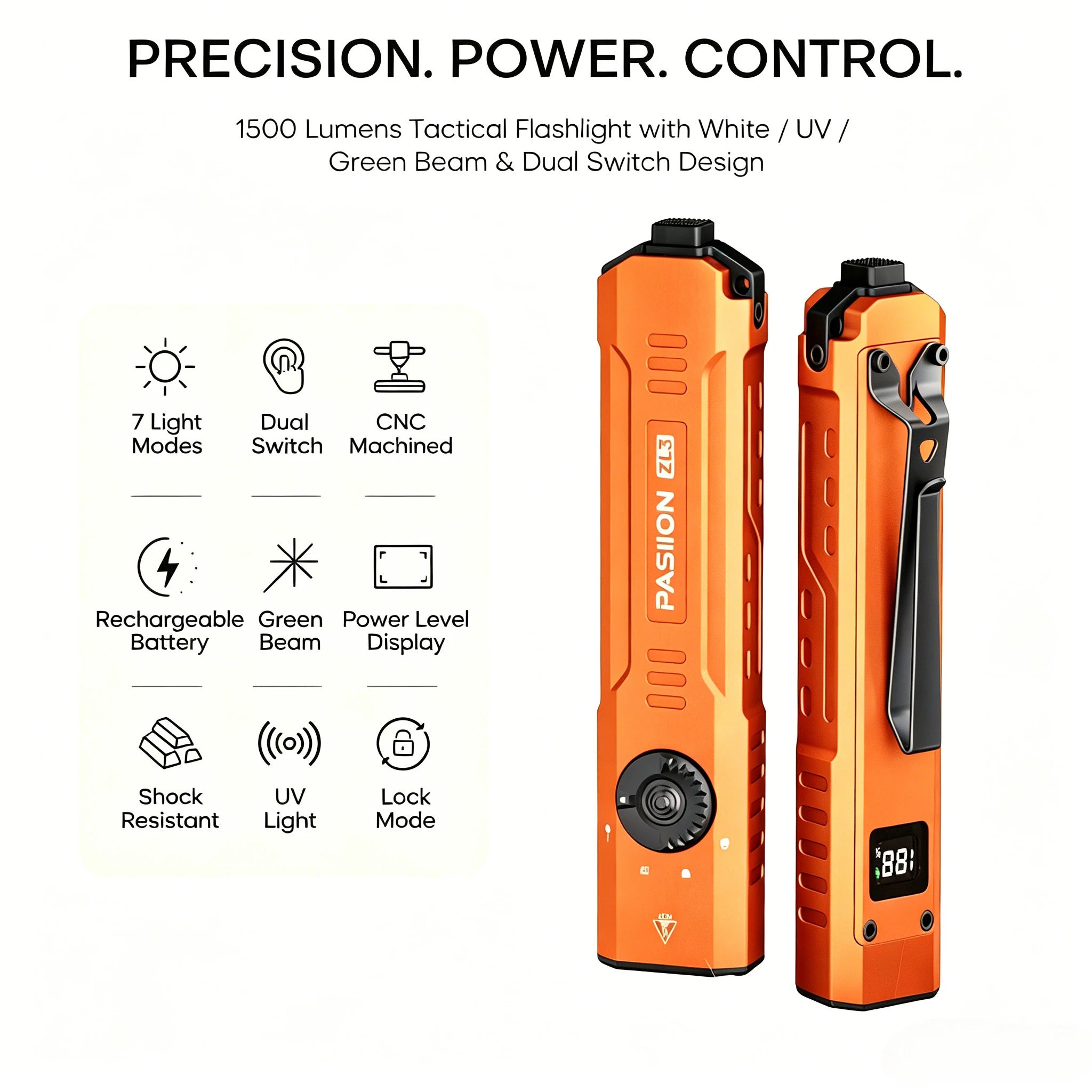 Triple Light Sources EDC Flashlight - White/UV/Green with Dual Switch USB-C Rechargeable 7 Modes Lock Function for Outdoor Use
